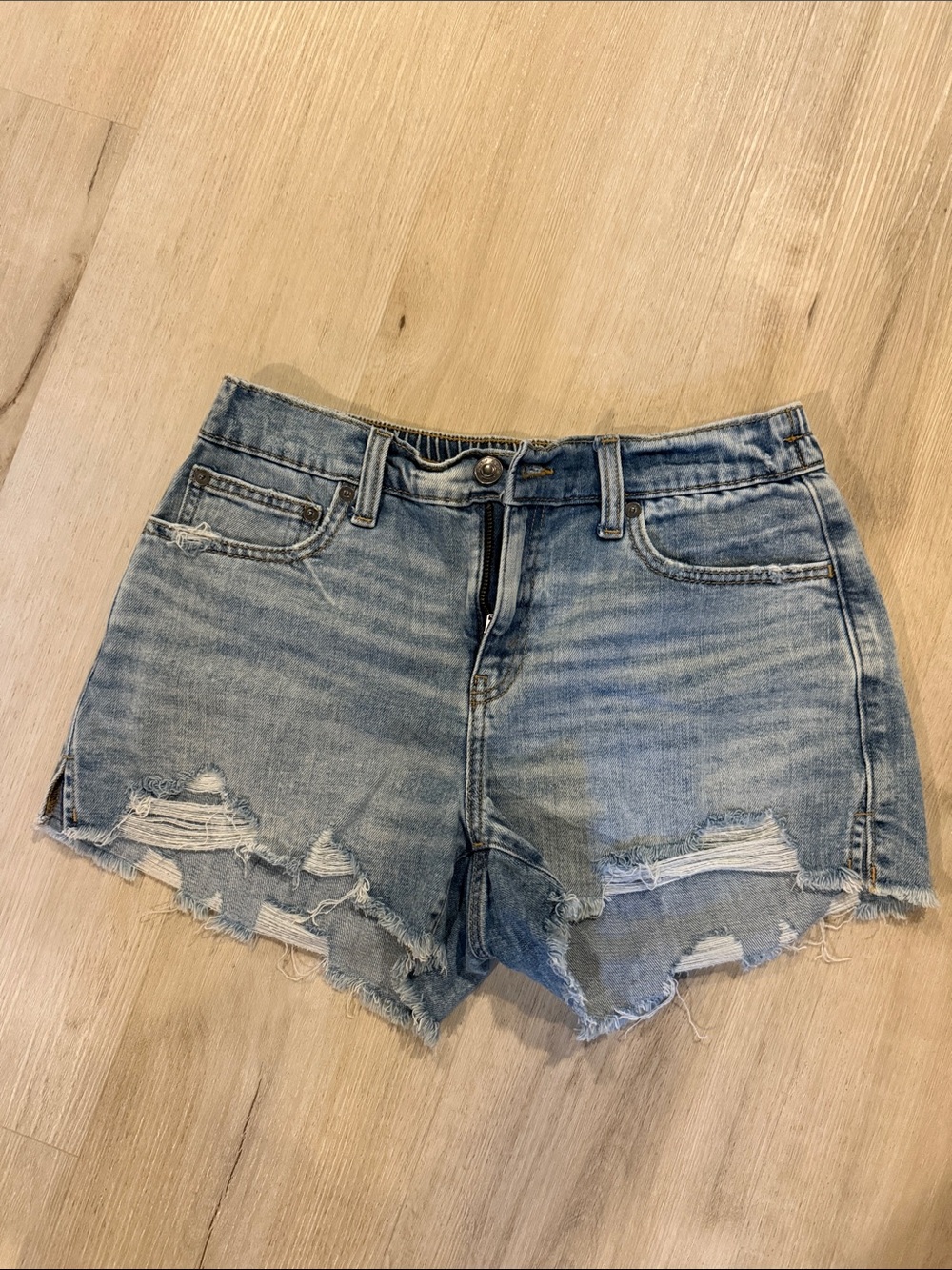 aerie Light Wash Distressed High-Rise Denim Shorts